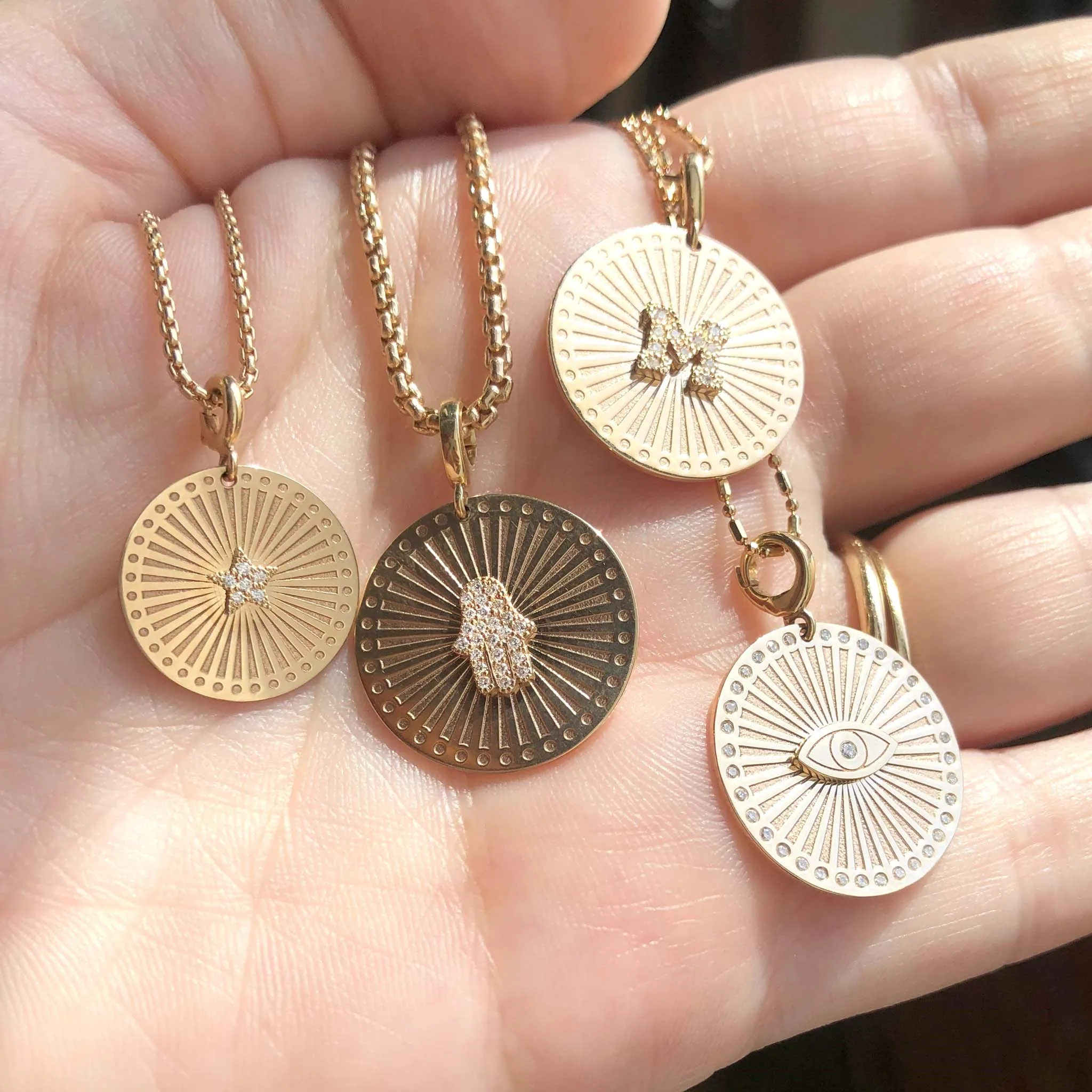 14k Diamond Evil Eye Medium Sunbeam Medallion Necklace