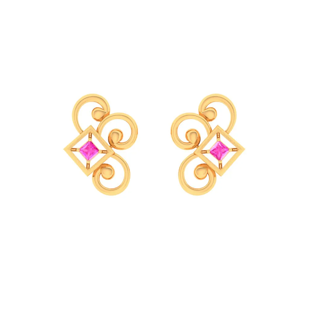 14k Gold Earrings With Unique Design And A Pink Stone