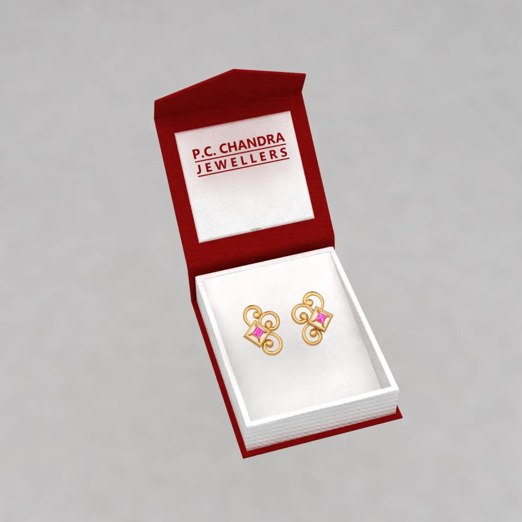 14k Gold Earrings With Unique Design And A Pink Stone