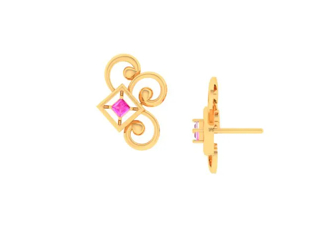14k Gold Earrings With Unique Design And A Pink Stone