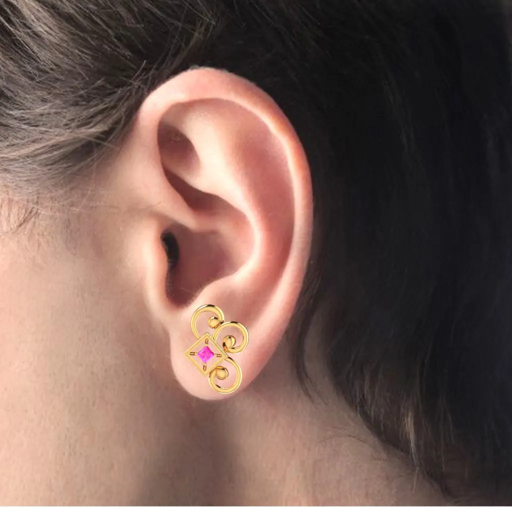 14k Gold Earrings With Unique Design And A Pink Stone