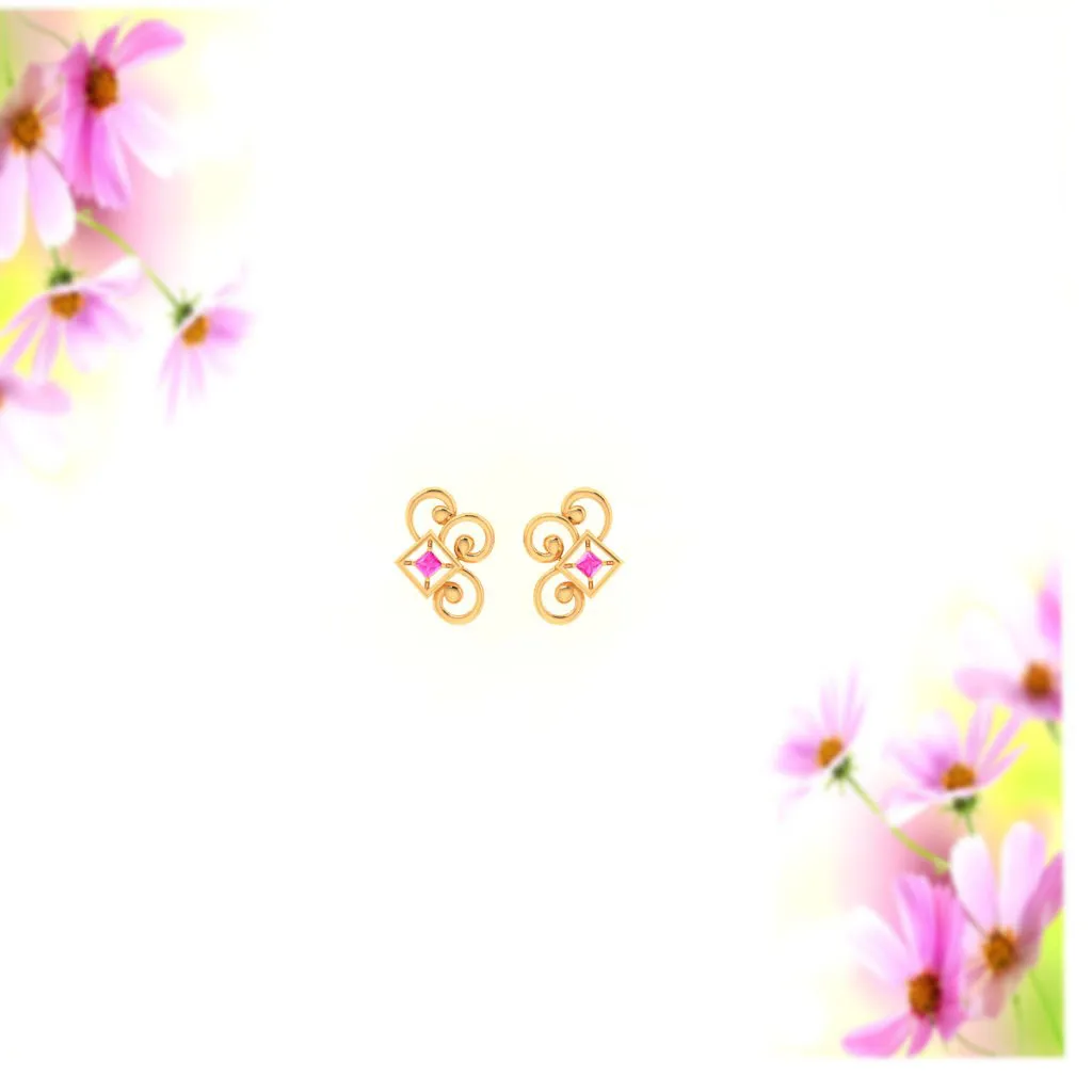 14k Gold Earrings With Unique Design And A Pink Stone