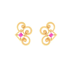 14k Gold Earrings With Unique Design And A Pink Stone