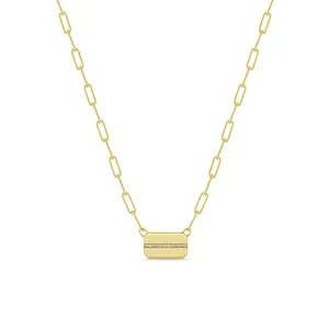 14k Horizontal Pavé Diamond Line Square Edge Dog Tag Necklace
