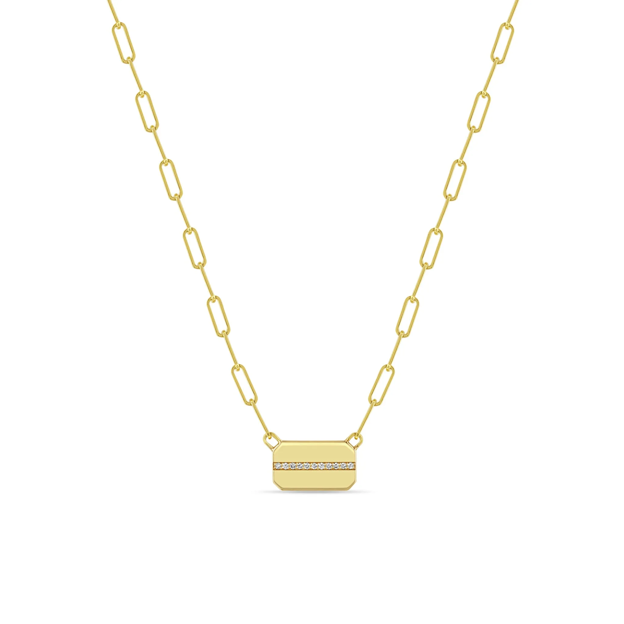 14k Horizontal Pavé Diamond Line Square Edge Dog Tag Necklace