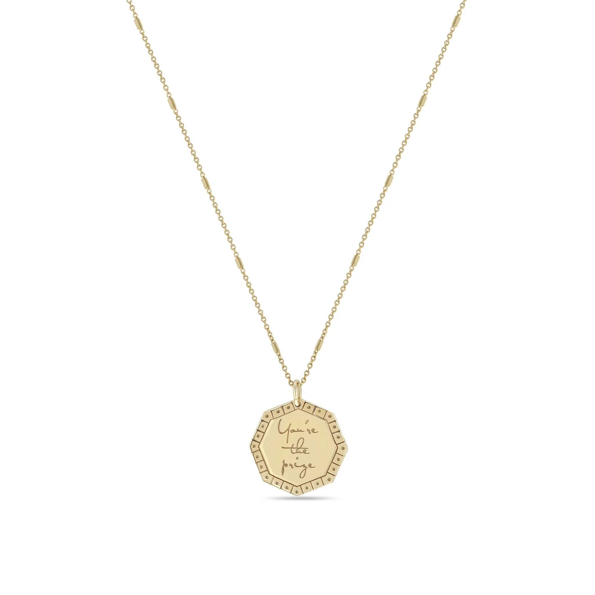 14k Small You're the prize Diamond Octagon Mantra Necklace