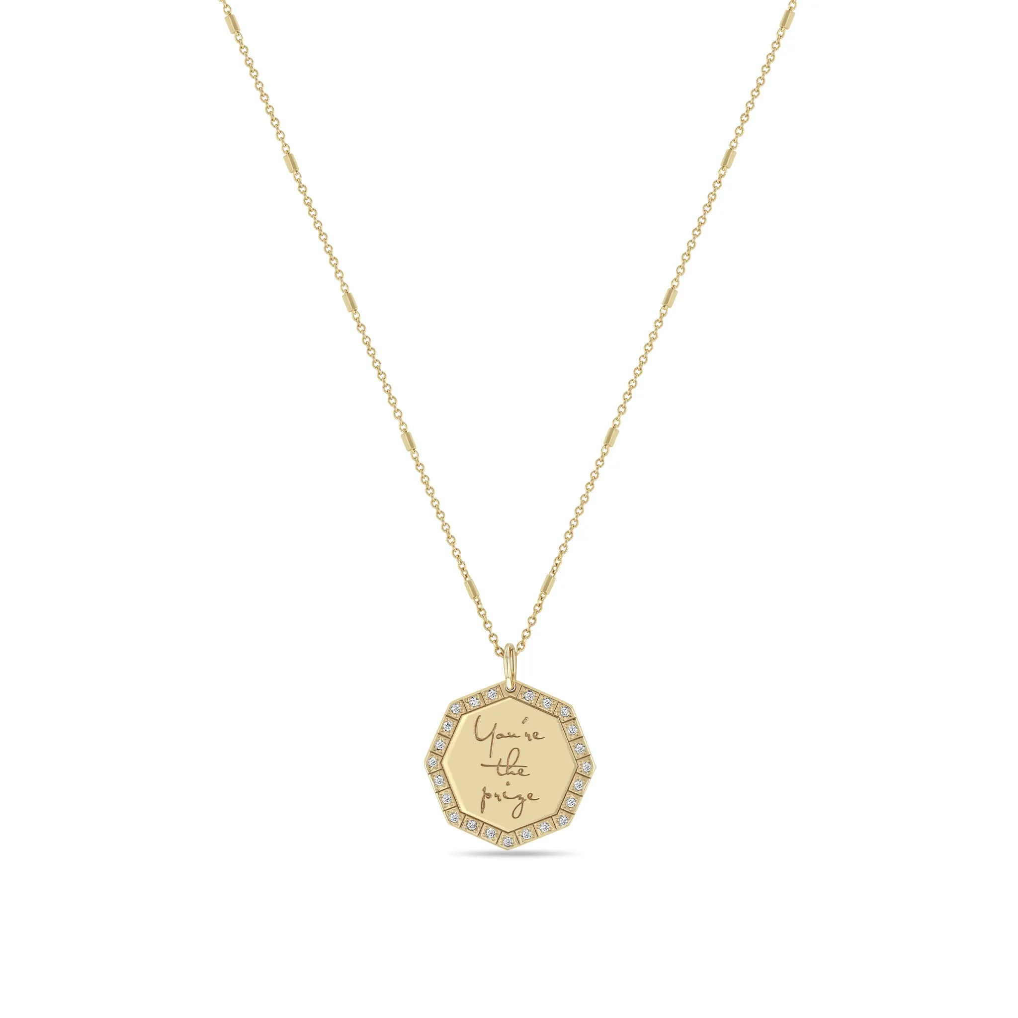 14k Small You're the prize Diamond Octagon Mantra Necklace