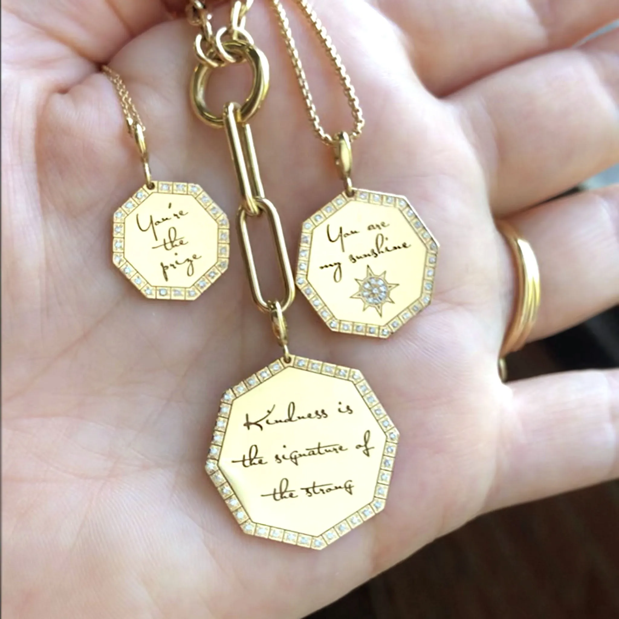 14k Small You're the prize Diamond Octagon Mantra Necklace