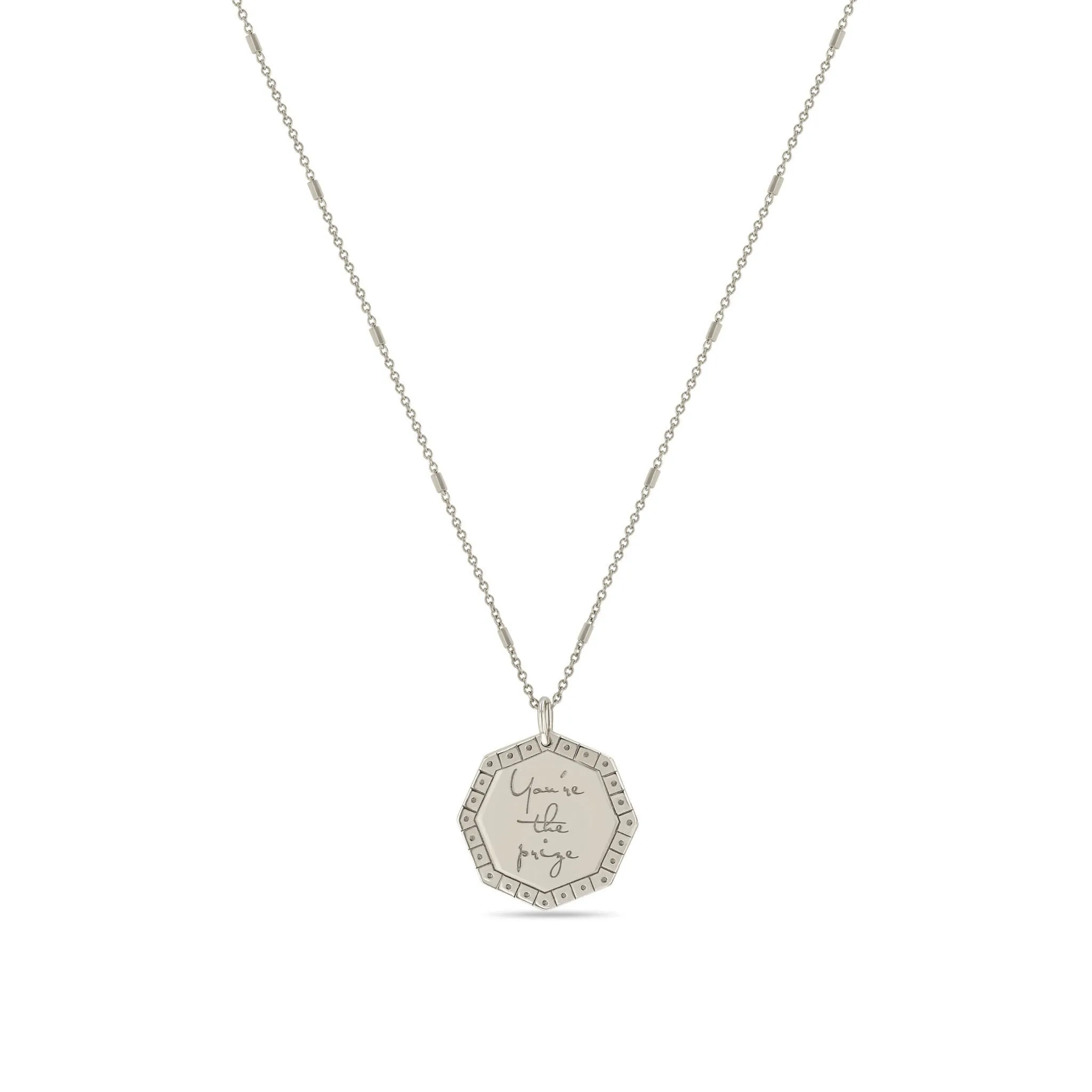 14k Small You're the prize Diamond Octagon Mantra Necklace