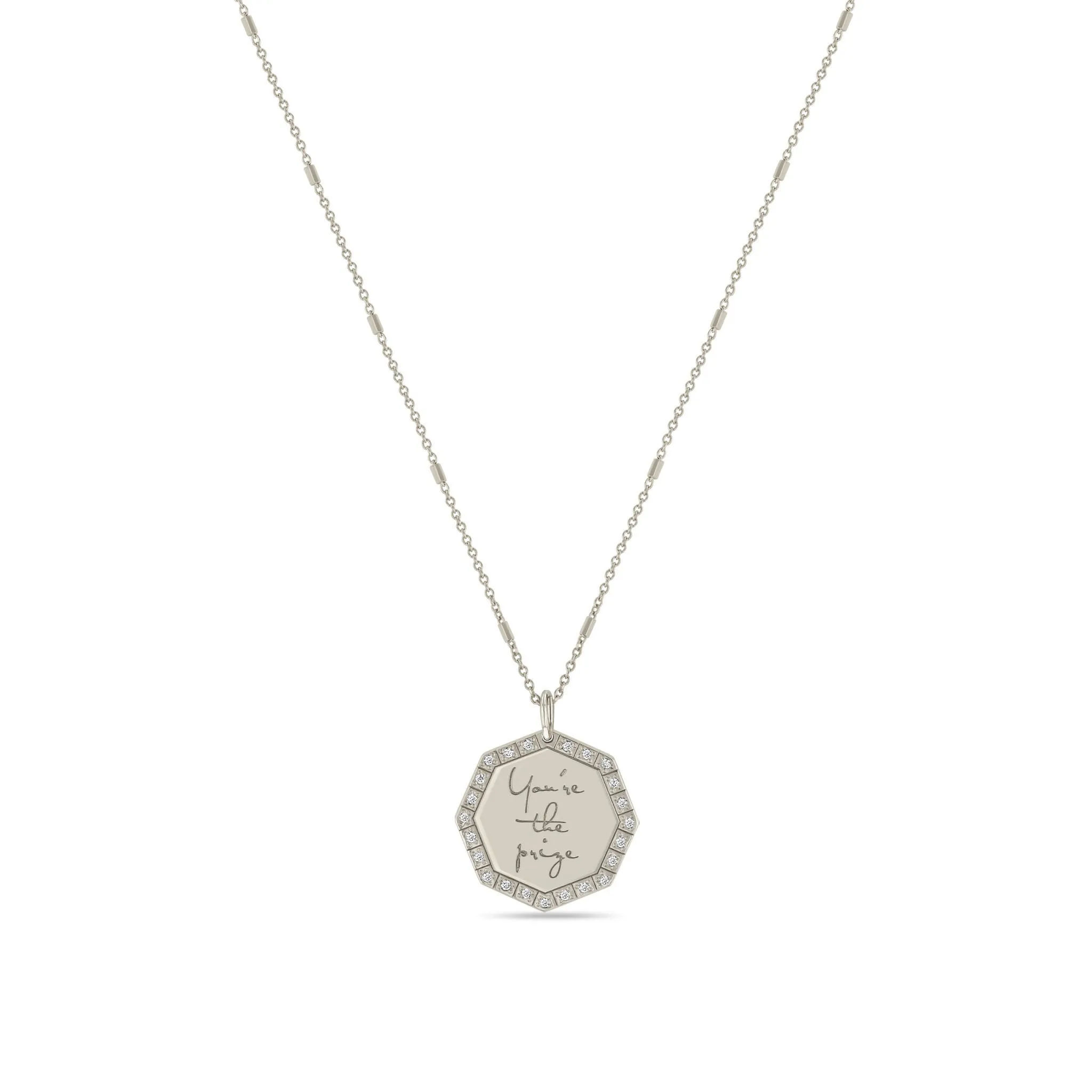 14k Small You're the prize Diamond Octagon Mantra Necklace