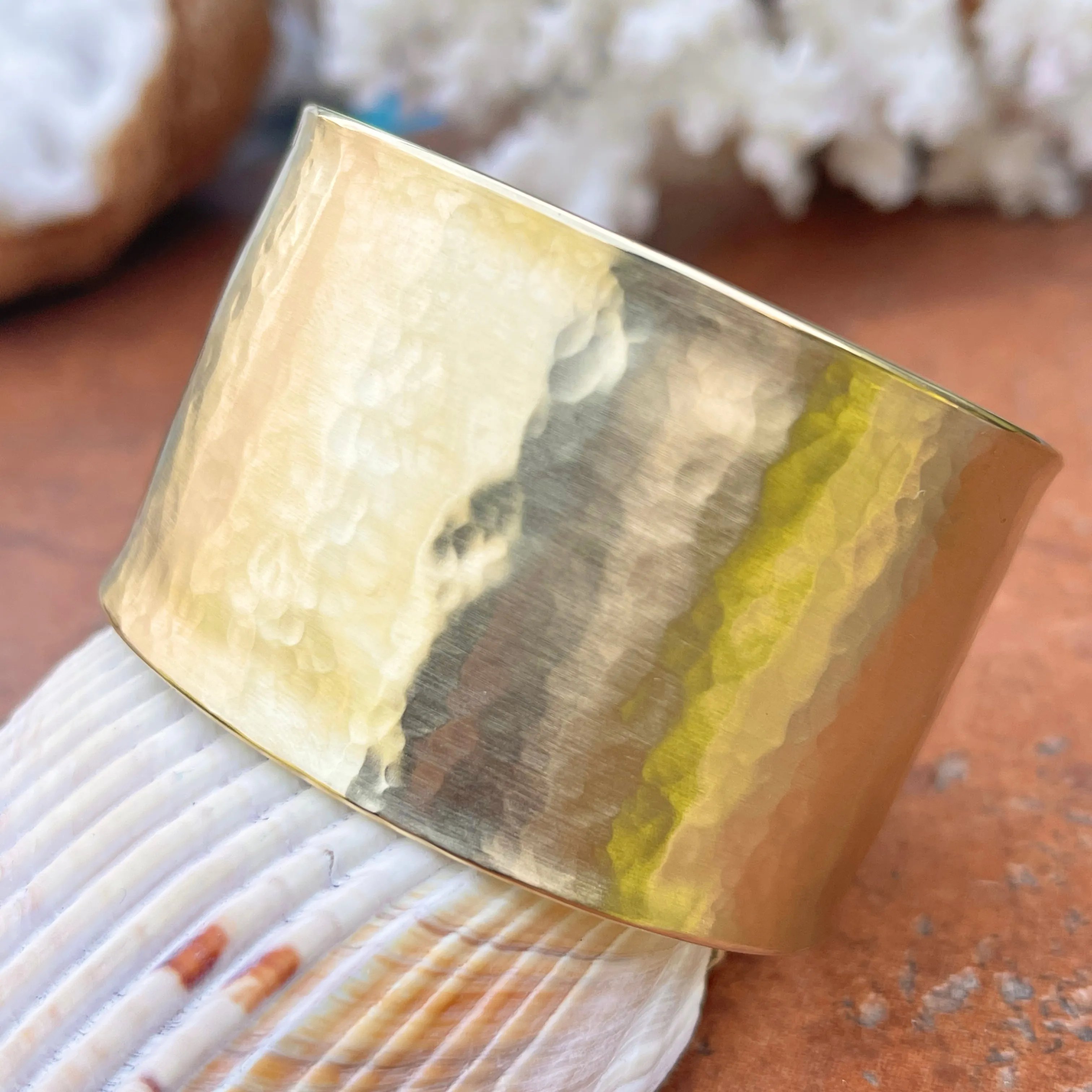 14KT Yellow Gold Hammered Wide Cuff Bracelet 37mm