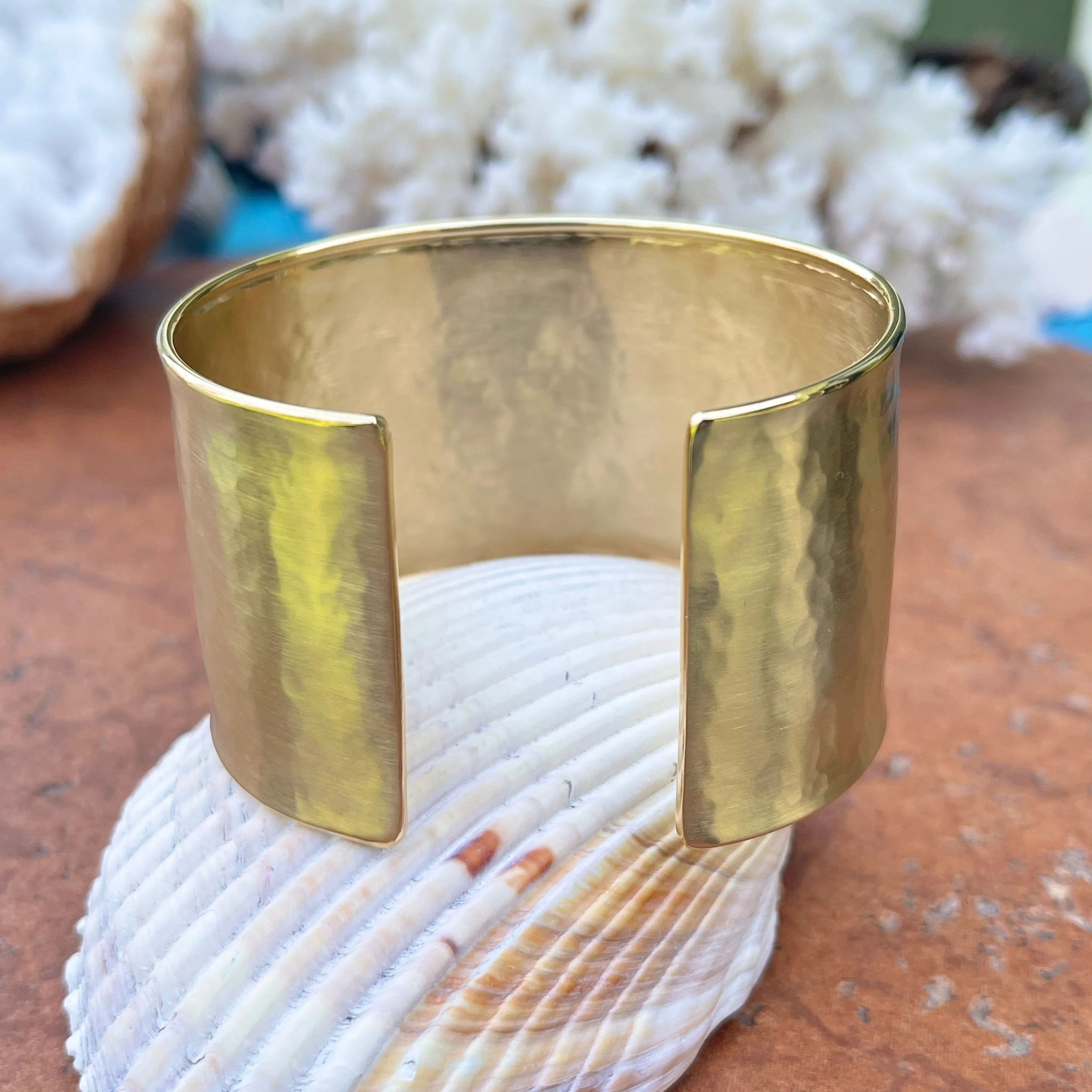14KT Yellow Gold Hammered Wide Cuff Bracelet 37mm