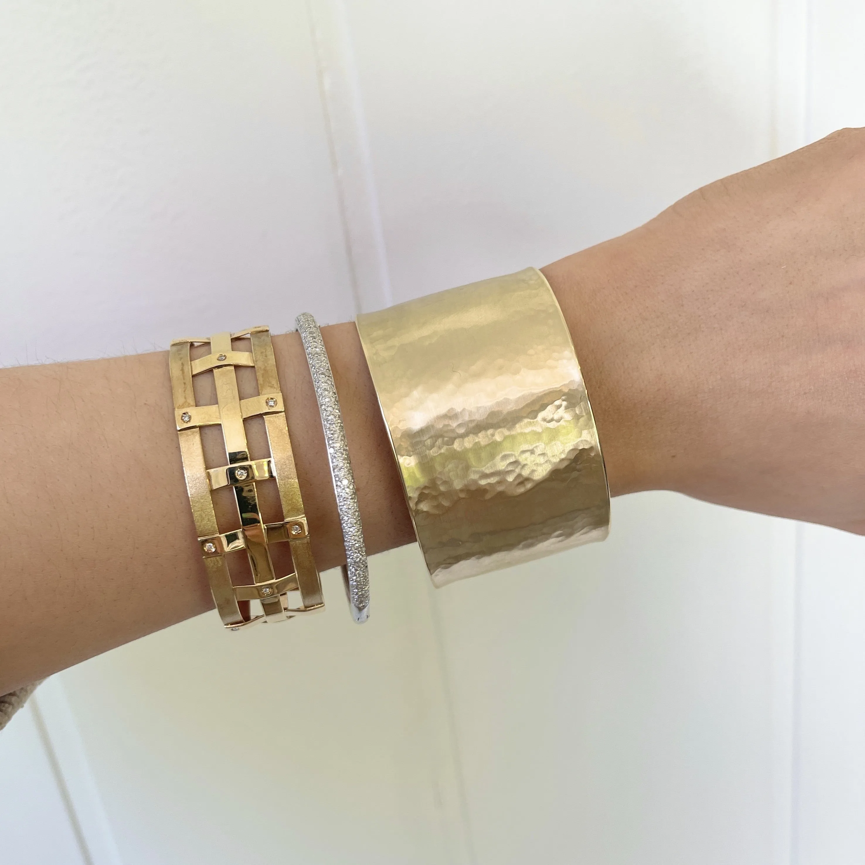 14KT Yellow Gold Hammered Wide Cuff Bracelet 37mm