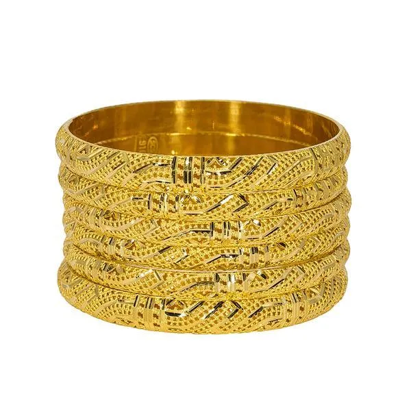 22K Yellow Gold Bangles Set of 6 W/ Open Laser-Cut Designs, 77.4 gm