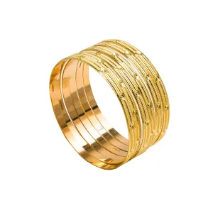 22K Yellow Gold Bangles Set of 6 W/ Textured Band & Smooth Drill Markings