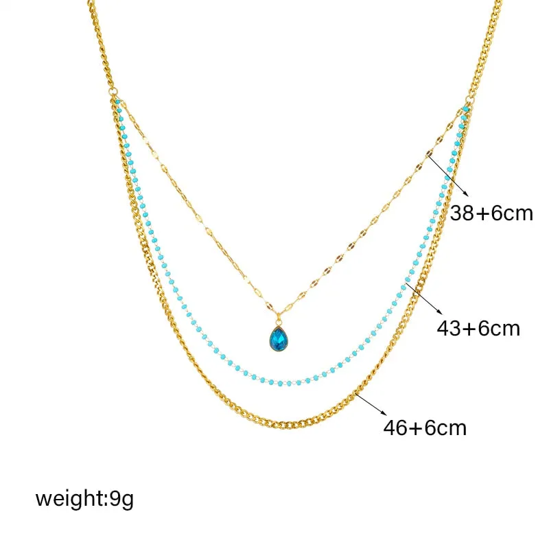 316L Stainless Steel Blue Water Drop Crystal Pendant Necklace For Women