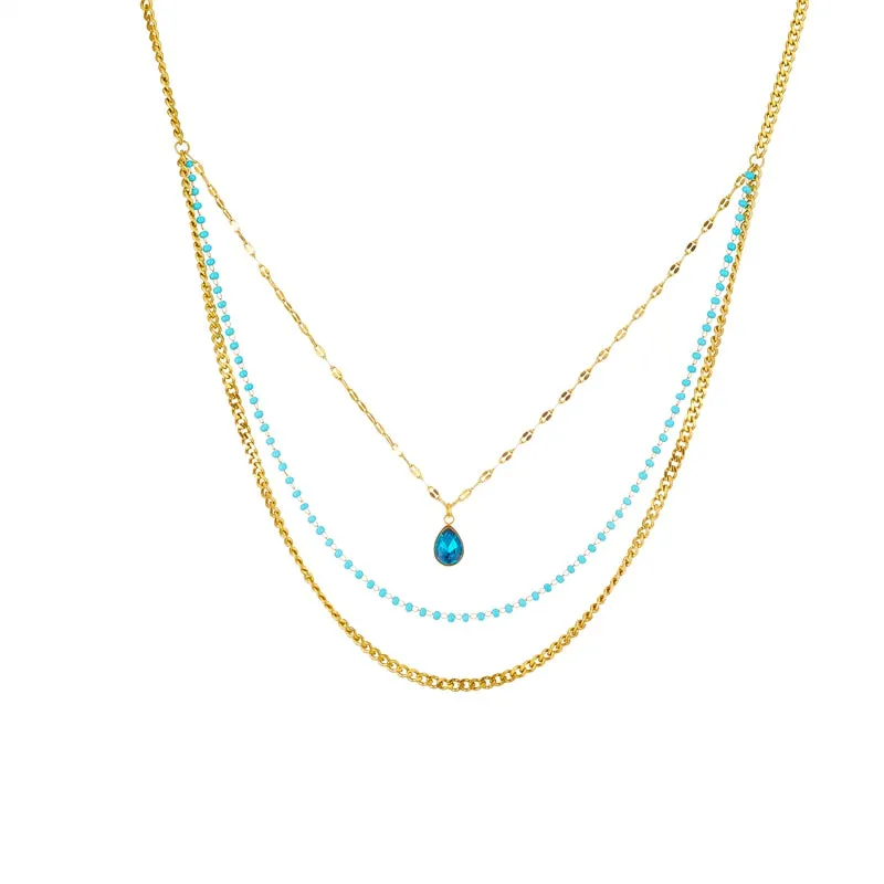 316L Stainless Steel Blue Water Drop Crystal Pendant Necklace For Women
