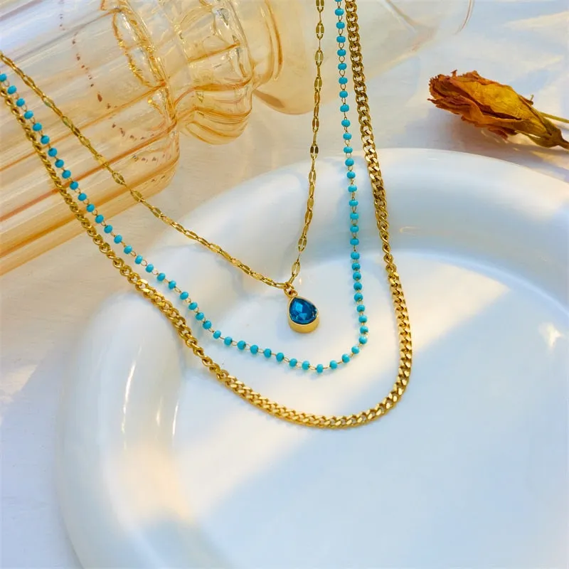 316L Stainless Steel Blue Water Drop Crystal Pendant Necklace For Women