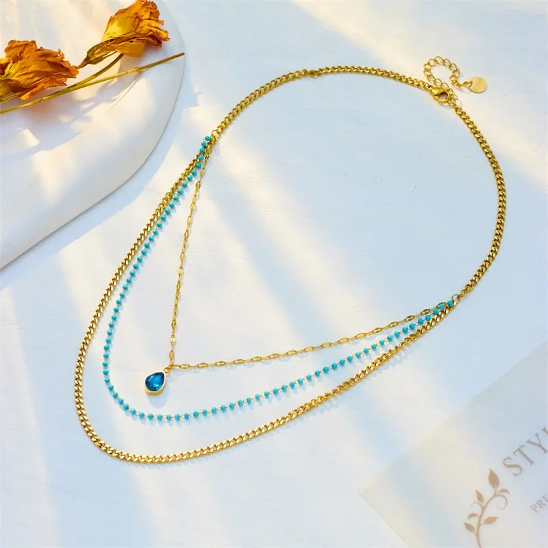 316L Stainless Steel Blue Water Drop Crystal Pendant Necklace For Women