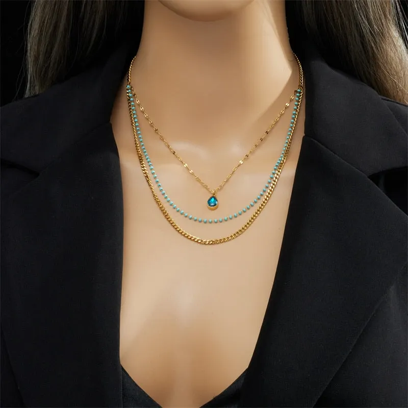 316L Stainless Steel Blue Water Drop Crystal Pendant Necklace For Women