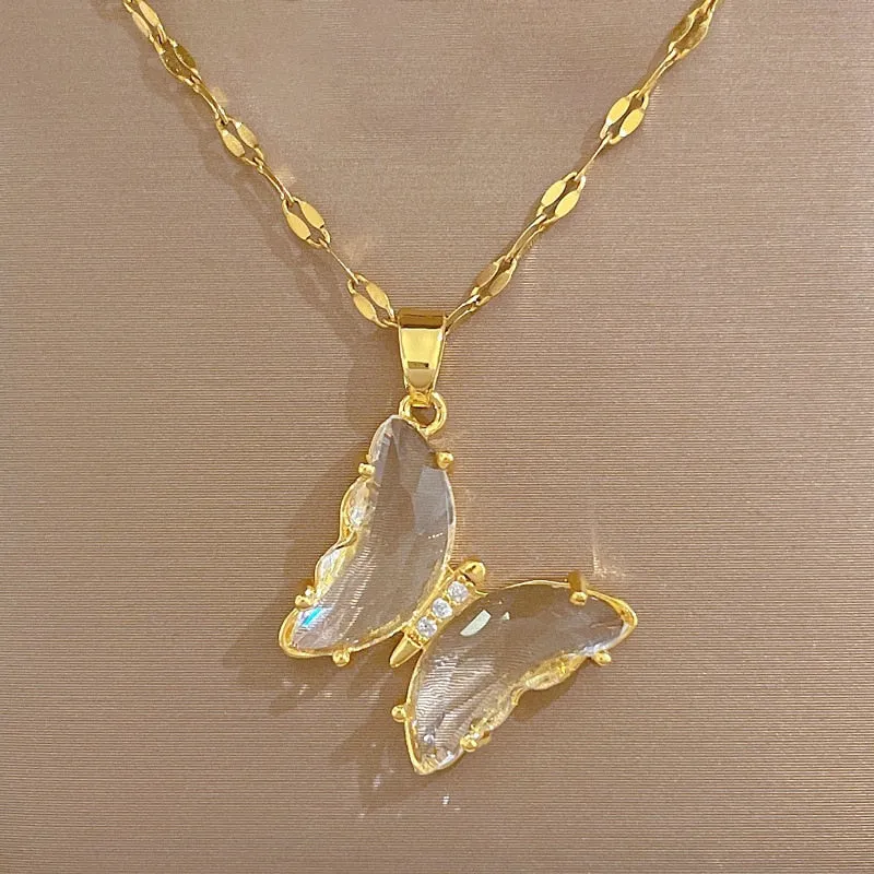 316L Stainless Steel Butterfly Crystal Pendant Necklace For Women
