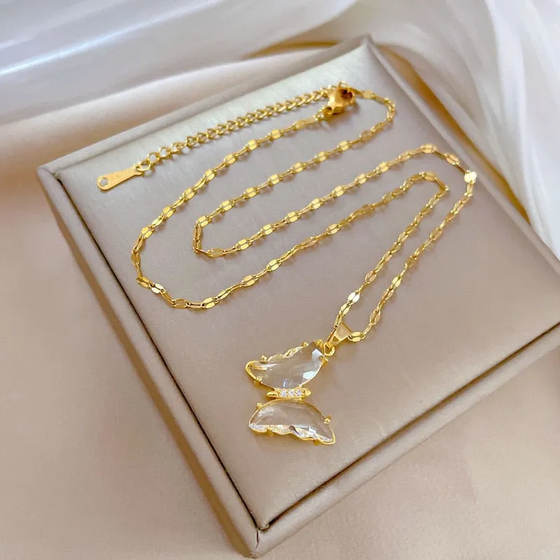 316L Stainless Steel Butterfly Crystal Pendant Necklace For Women