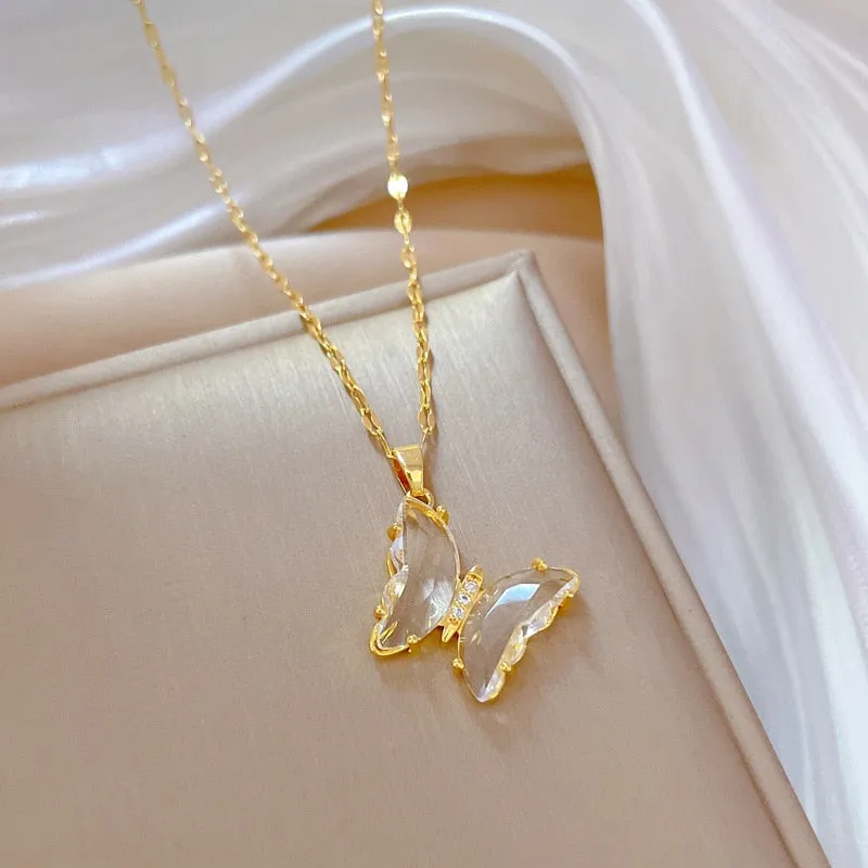 316L Stainless Steel Butterfly Crystal Pendant Necklace For Women