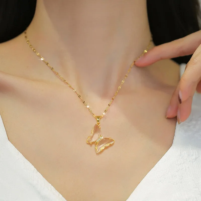 316L Stainless Steel Butterfly Crystal Pendant Necklace For Women