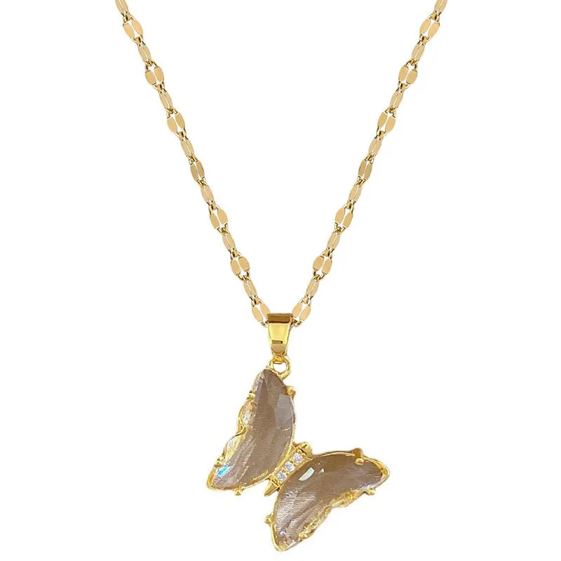 316L Stainless Steel Butterfly Crystal Pendant Necklace For Women
