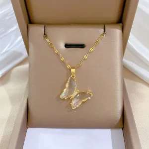 316L Stainless Steel Butterfly Crystal Pendant Necklace For Women