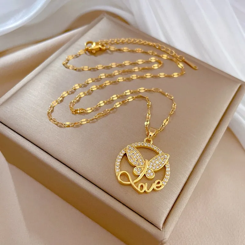 316L Stainless Steel Butterfly Love Letter Pendant Necklace For Women