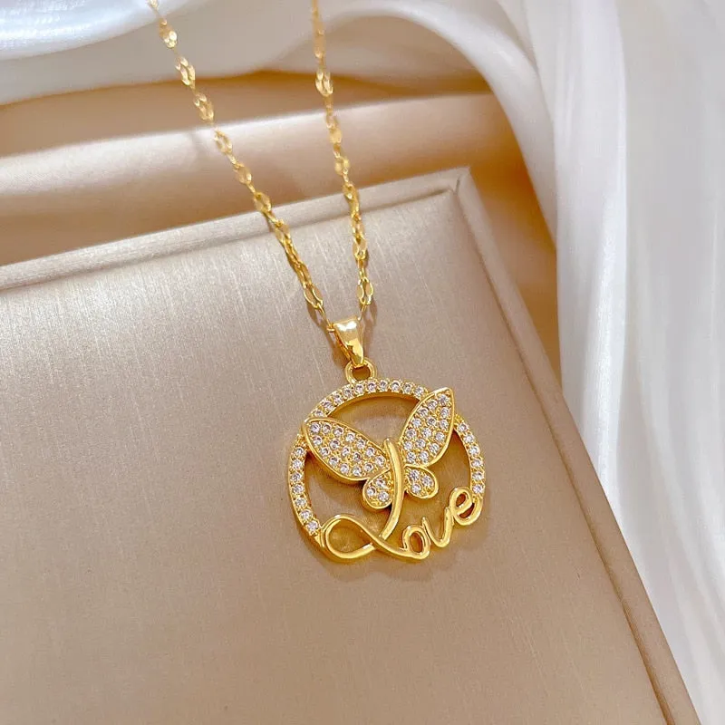 316L Stainless Steel Butterfly Love Letter Pendant Necklace For Women