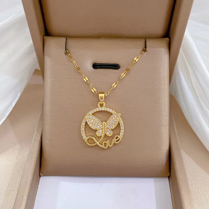 316L Stainless Steel Butterfly Love Letter Pendant Necklace For Women