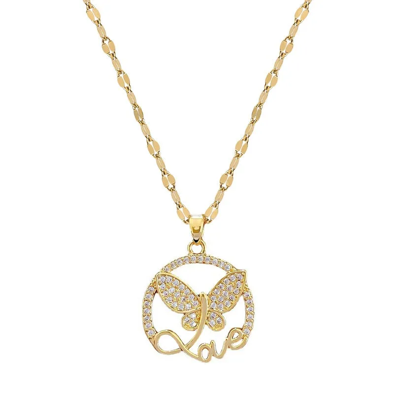 316L Stainless Steel Butterfly Love Letter Pendant Necklace For Women