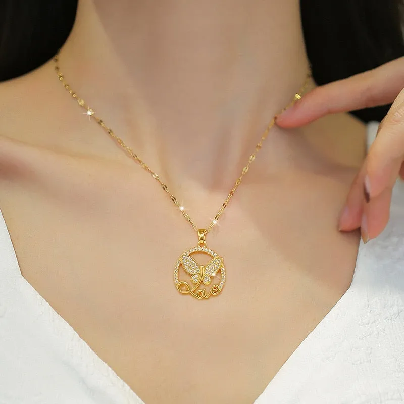 316L Stainless Steel Butterfly Love Letter Pendant Necklace For Women