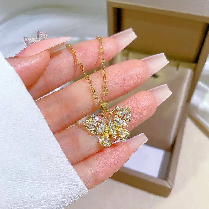 316L Stainless Steel Butterfly Pendant Necklace For Women