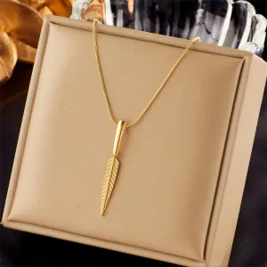 316L Stainless Steel Gold Color Feather Leaf Pendant Necklace For Women