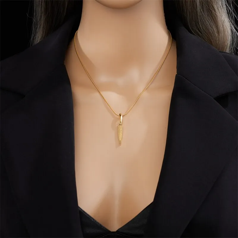 316L Stainless Steel Gold Color Feather Leaf Pendant Necklace For Women