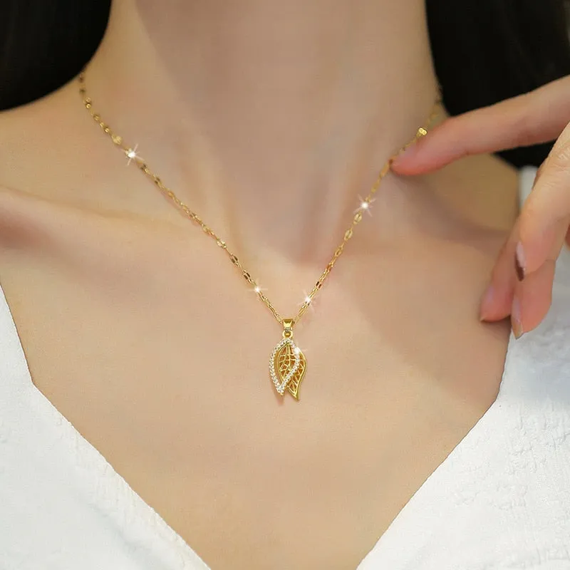316L Stainless Steel Gold Color Leaves Pendant Necklace For Women