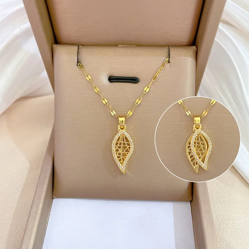 316L Stainless Steel Gold Color Leaves Pendant Necklace For Women