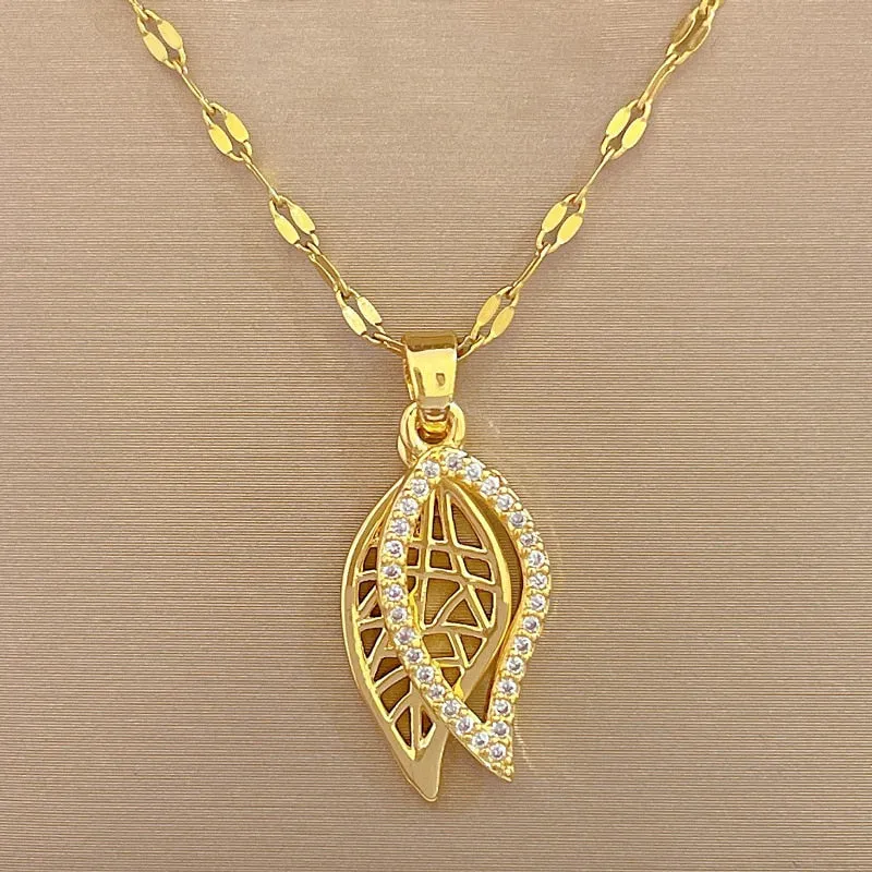 316L Stainless Steel Gold Color Leaves Pendant Necklace For Women