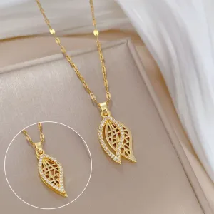 316L Stainless Steel Gold Color Leaves Pendant Necklace For Women