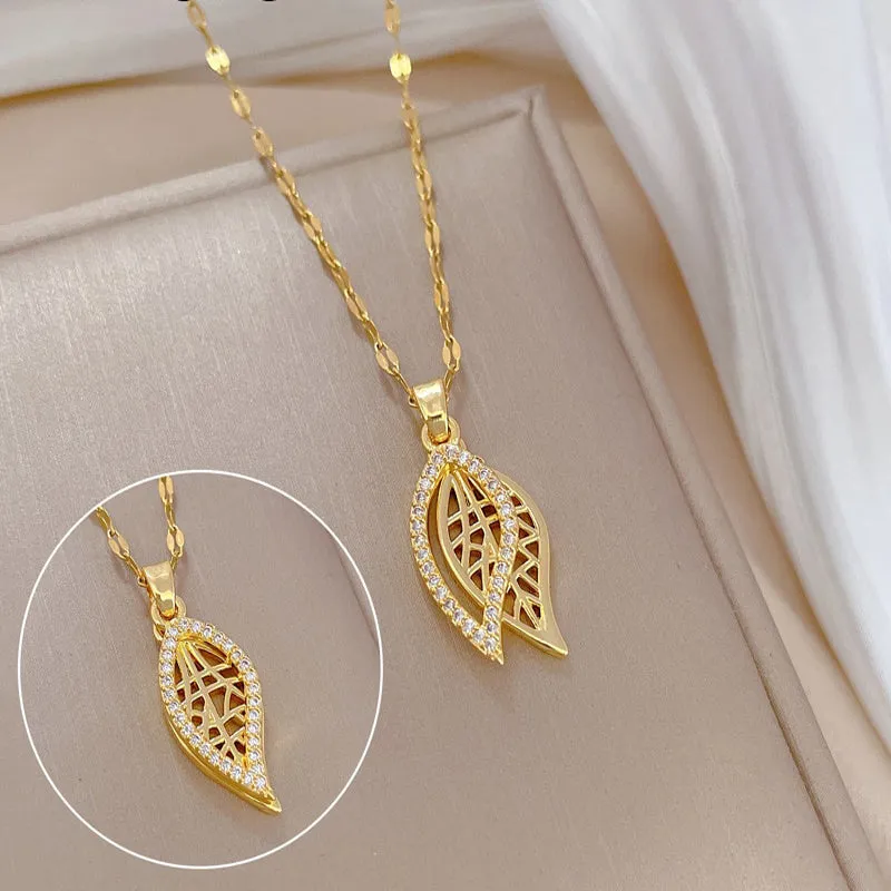 316L Stainless Steel Gold Color Leaves Pendant Necklace For Women