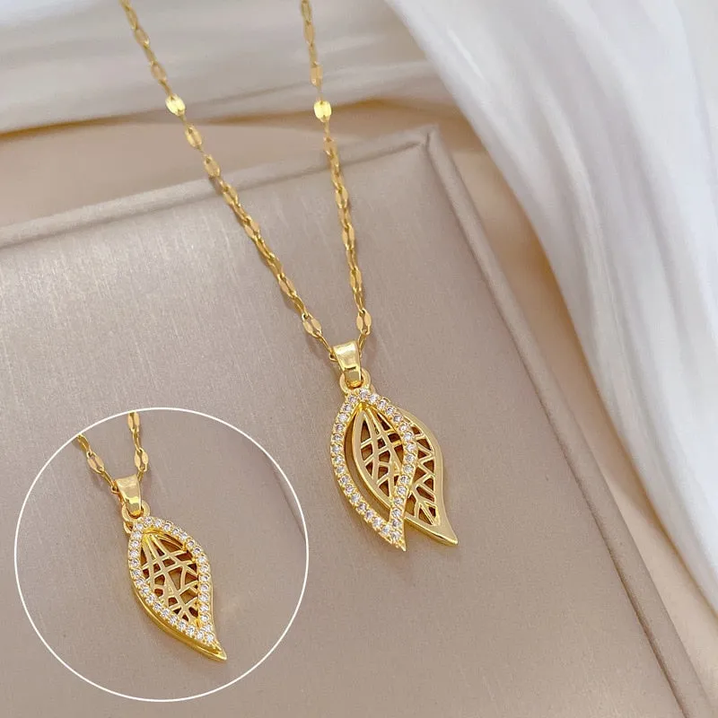 316L Stainless Steel Gold Color Leaves Pendant Necklace For Women