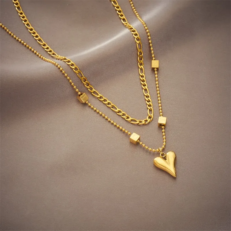 316L Stainless Steel Gold Color Multilayer Heart Love Pendant Necklace For Women
