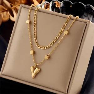 316L Stainless Steel Gold Color Multilayer Heart Love Pendant Necklace For Women