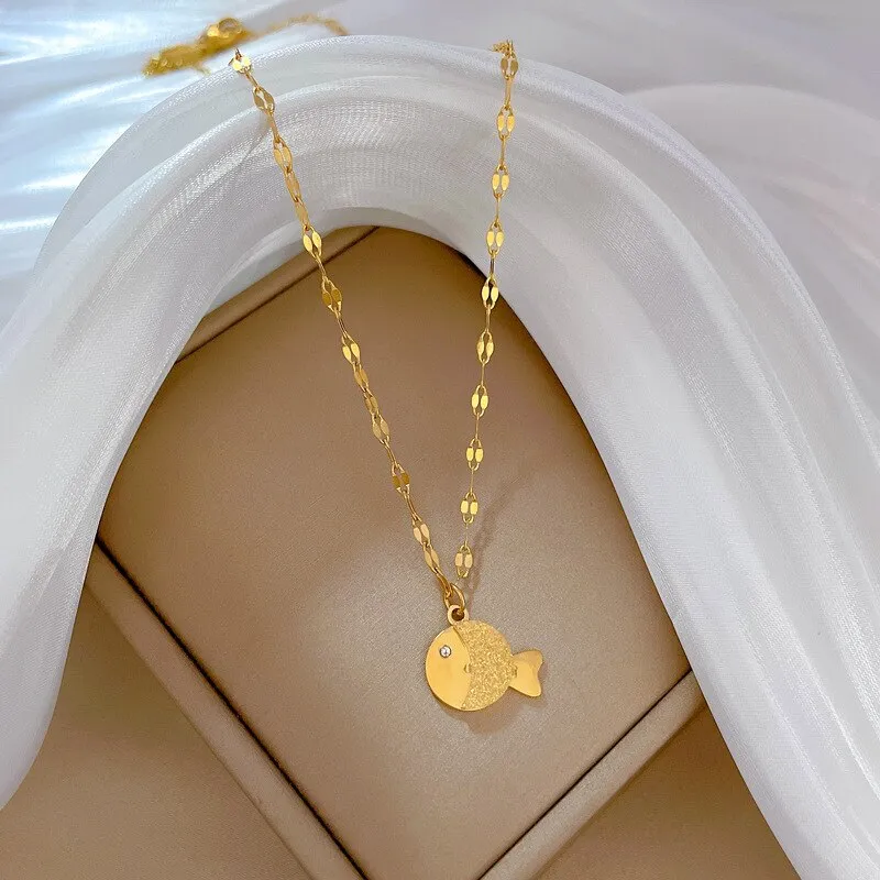 316L Stainless Steel Gold Silver Color Small Fish Pendant Necklace For Women