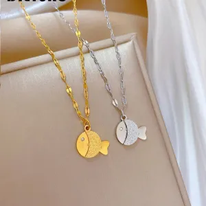 316L Stainless Steel Gold Silver Color Small Fish Pendant Necklace For Women