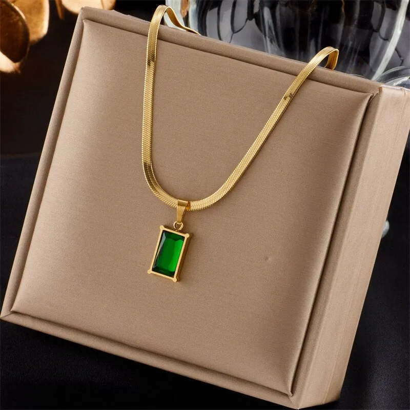 316L Stainless Steel Green Crystal Pendant Necklace For Women