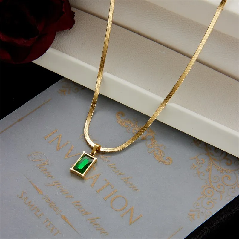 316L Stainless Steel Green Crystal Pendant Necklace For Women